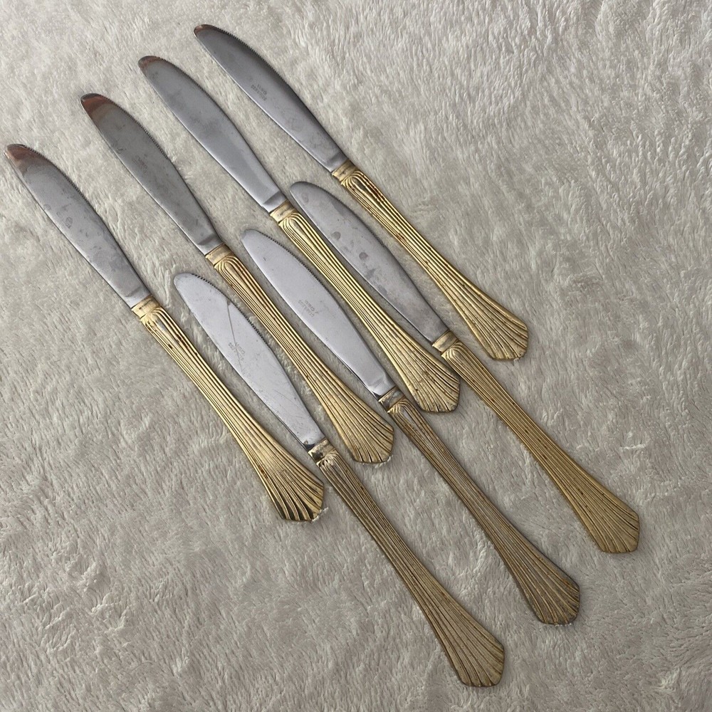 SET of 7 Dinner Knives Vintage Royal Gallery stainless Gold Allegro patt…